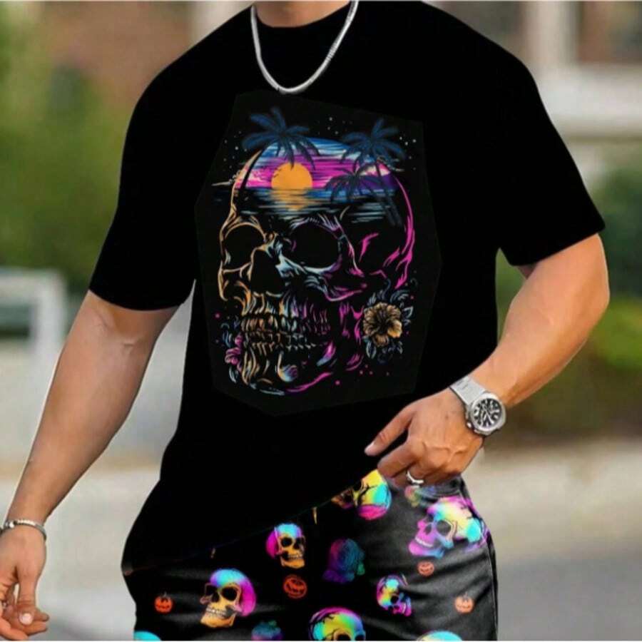 Conjunto de camiseta de manga corta con cuello redondo y estampado de calaveras para hombre y pantalones cortos, atuendo informal de verano. - Negro - Ver 1