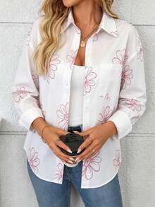Women's Floral Print Button-Up Shirt - White Background With Pink Flowers - View 2