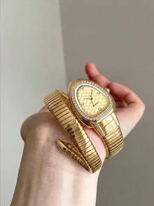 Luxury White Dial Snake Watch For Women, Gold Snake Scale Textured Dial, Diamond Bezel, High-End Unique Wristwatch, Elegant Versatile Gift Watch - Gold - View 1