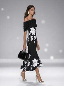 Women's Off The Shoulder Bodycon Midi Dress Floral Print Ruffle Hem Dress For Cocktail And Wedding Guests - Pale Yellow - View 3