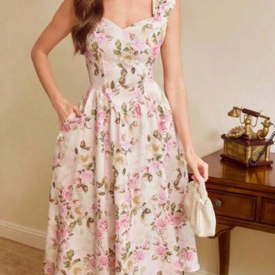 guangzhougaolangshangmao  Vestido elegante vintage de mujer con bolsillos, vestido con estampado floral, cuello en forma de corazón, vestido casual de vacaciones, vestidos de verano para mujer, conjuntos de vacaciones de verano, atuendos de primavera para mujer, vestidos de primavera para mujer, ropa de primavera para mujer, atuendos de vacaciones de primavera, ropa de primavera para mujer, vestidos elegantes para fiestas, vestidos elegantes para fiestas para mujer, vestido de invitada de boda, vestido de fiest - Multicolor - Ver 1