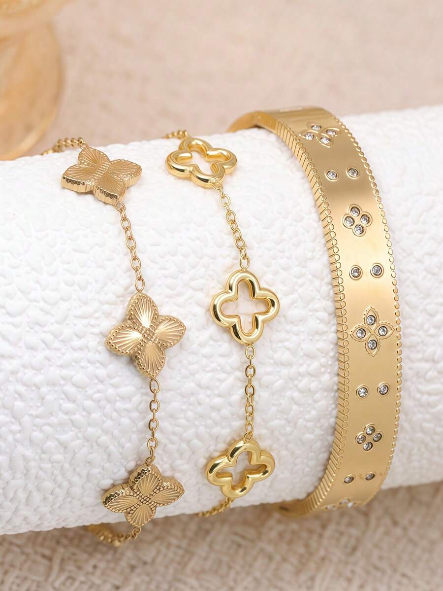 Bộ trang sức bằng thép không gỉ 3 món/1 chiếc, thiết kế hình cỏ bốn lá, phù hợp cho phụ nữ đi làm hoặc đeo hàng ngày, cũng là một món quà tuyệt vời dành cho bạn bè. - Vàng - Xem 1