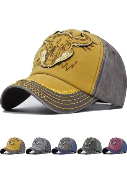 Czapka baseballowa z haftowanym motywem głowy byka, unisex, styl dla par, kontrastowy wzór, regulowany rozmiar, modna, swobodna czapka z gąbki, z zakrzywionym rondem