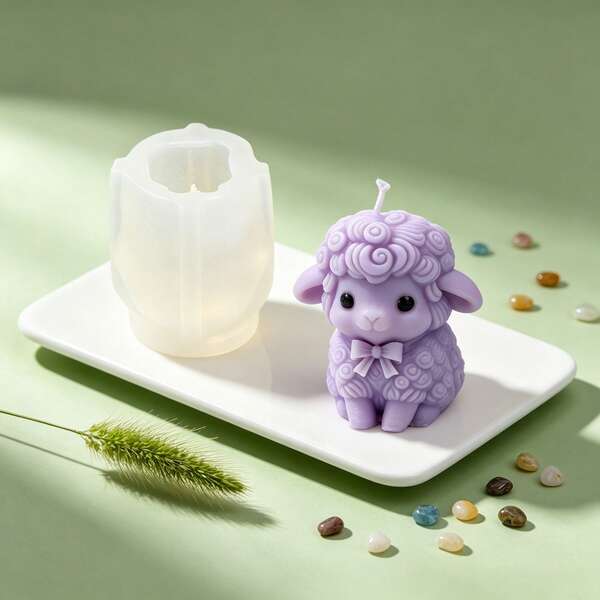 Khuôn nến silicone hình cừu ngồi lông xoăn dễ thương thắt nơ, khuôn tái sử dụng dễ tách khuôn để làm nến DIY, đúc nhựa resin trang trí nhà cửa