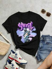 Women's Soft, Casual, Short-Sleeved T-Shirt With A Round Neck, Featuring A Retro Rock Band Guitarist Graphic Print, Suitable For Street Music Fans. Black. - 黑色 - 查看 2