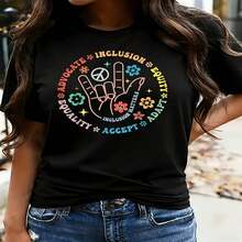 1 pieza de  playera para hombre y mujer, 100% algodón puro, cuello redondo casual con estampado, manga corta transpirable para uso diario, con dise?o circular en estampado - Negro - Ver 2