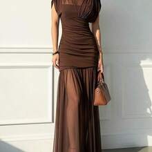 Vestido elegante y sexy de unicolor con volantes de malla, dobladillo plisado, adecuado para la playa, citas nocturnas, bodas, fiestas de cumpleaños, primavera/verano - Marrón - Ver 2