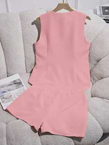 xheFranclia Set de 2 piezas de verano informal/oficina para mujer con top con tirantes y falda de unicolorxhe - Rosa Pálido - Ver 2