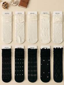 10 Pairs/5 Pairs/Random 1 Pair Women's Mid-Calf Socks, Ruffle Edge Slouch Socks, Japanese School Style Socks - Multicolor - View 2