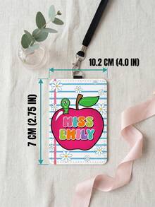 1pc Customized Name Teacher Leather ID Card Holder, Apple & Crayon Themed ID Card Sleeve, Personalized End Of Semester Teacher Gift, Teacher's Day Gift, Back To School, Classroom Decor Lanyard - Multicolor - View 3