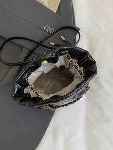 1pc Women's Nylon Handbag With Beaded & Pearl Decor, Fashion Drawstring Bucket Shoulder Bag - Black - View 5
