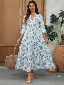 Faunlyn Vestido casual de mujer con estampado floral, cuello en V y mangas acampanadas para vacaciones - Multicolor 3 - Ver 12