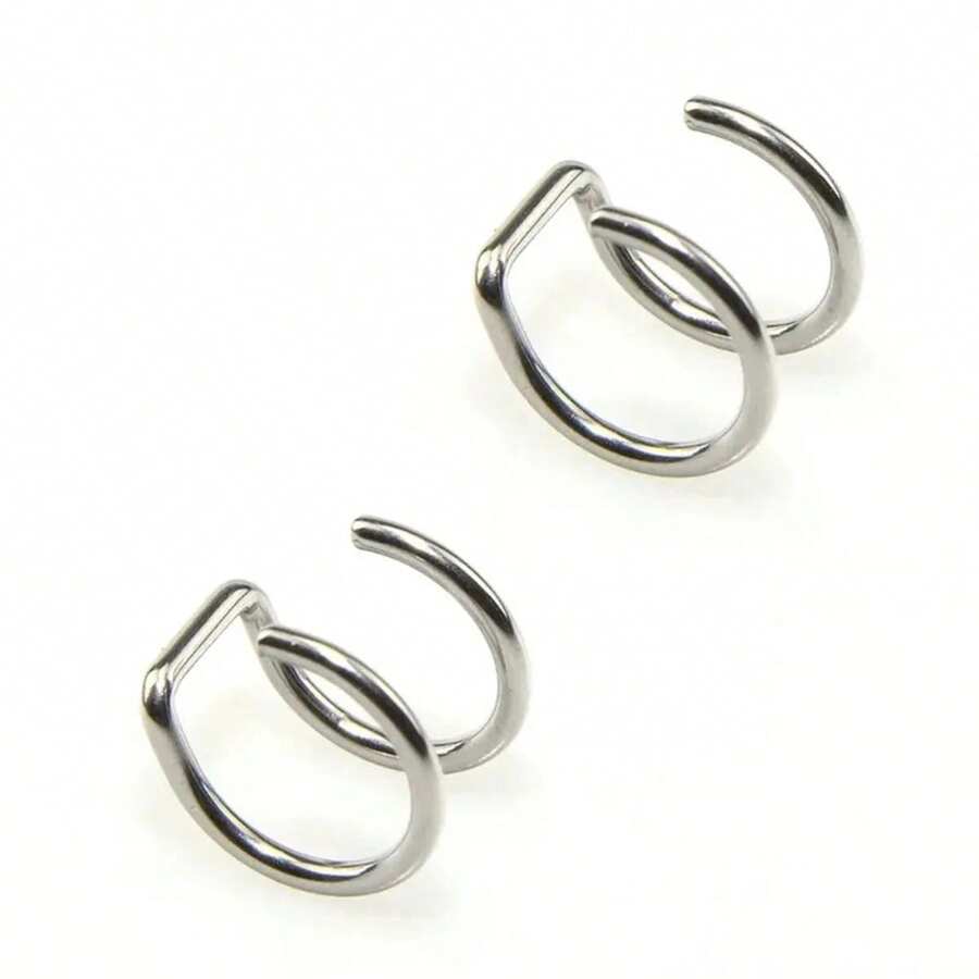 2-Piece Set Of 316L Stainless Steel, Includes Fake Earrings, Ear Clips And Lip Rings, Unisex, No Piercing Required, Ear Bone Earrings, Lip Earrings. - A1-2件-銀色 - 查看 1