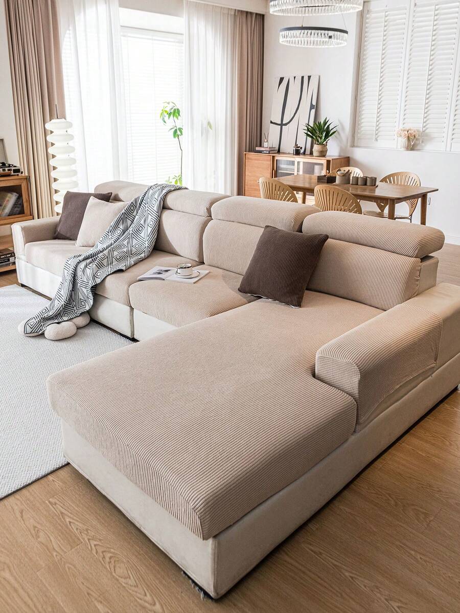 1pc Geometric Pattern High Elasticity Sofa Cover, Minimalist Modern Style Sofa Cushion Cover, Pet-Friendly Anti-Scratch Sofa Protector, Machine Washable Home Decor, Suitable For L-Shaped Combination Sofa And 1/2/3/4 Seater Sofa (Sold Separately) - Khaki - View 1