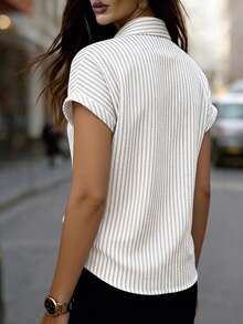 Women's Striped Front Button Short Sleeve Charmeuse Shirt Blouse, White Summer Office Wear - White - View 3