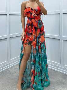 Vestido tul corsé estampado estilo INS elegante ideal para fiestas y ocaciones casuales - Verde - Ver 5