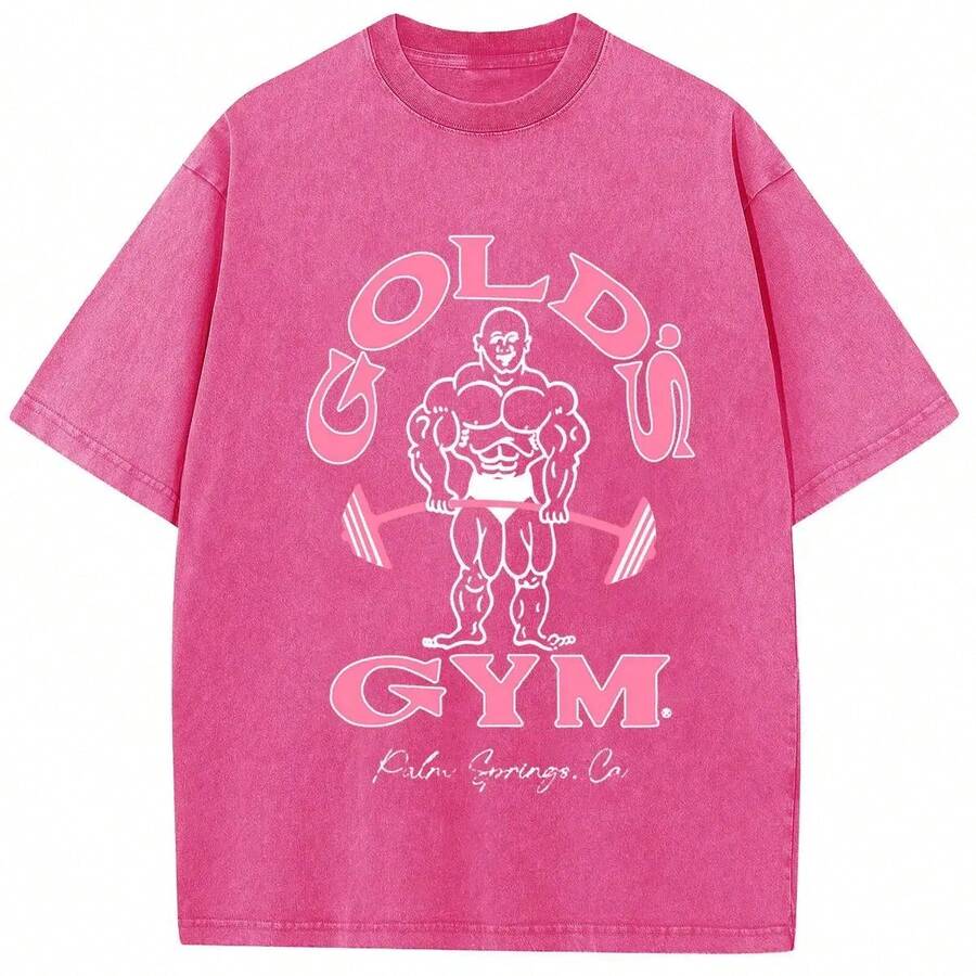 Holafish Oversize Acid Wash Vintage GOLD'S GYM Short-Sleeve Round Neck Top, Heavyweight Cotton Casual Streetwear Graphic Crewneck T-Shirt, Spring Glowup Menswear,Summervibes2026 Summer Outfits For Women,Streetwear Women,Whimsical Clothes - 玫紅色 - 查看 1