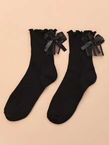 1 Paar Damen schwarze Söckchen mit Rüschenbesatz, gestreiftem Schleifen Design, bequem und vielseitig für den täglichen Gebrauch - Schwarz - Übersicht 4