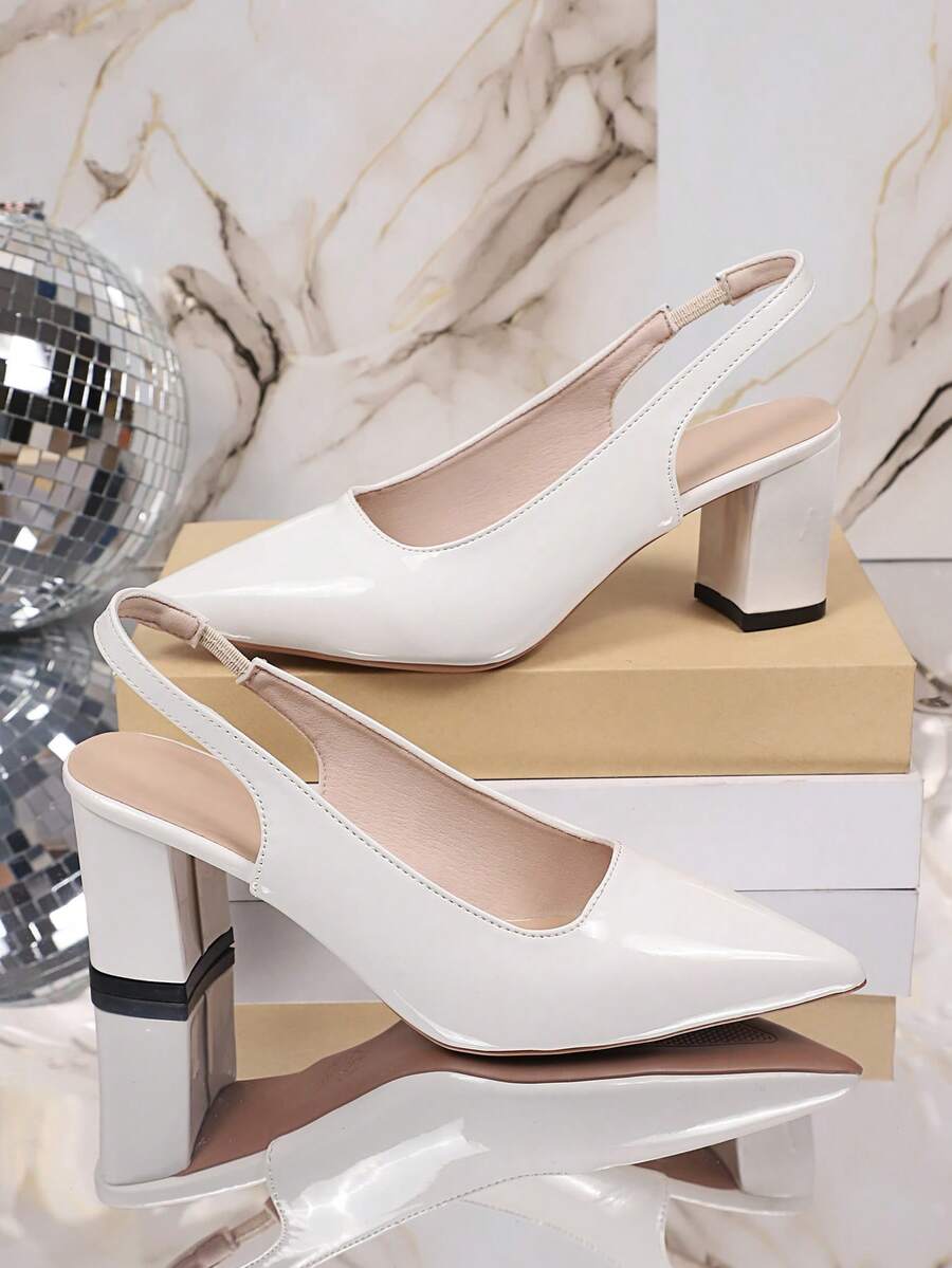 1 đôi sandal cao gót màu trắng, chất liệu da bóng, mũi nhọn, gót dày, thiết kế xỏ chân tiện lợi, thời trang và thanh lịch, phù hợp cho công sở, đi làm, du lịch, dự tiệc, mẫu mới xuân/hè. - trắng - Xem 1