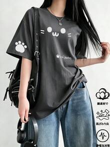 Women's Casual Loose Round Neck Cartoon Cat & Letter Print Short Sleeve T-Shirt, Summer - Dark Grey - View 3