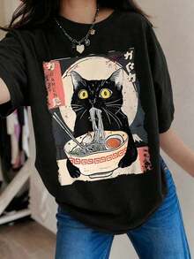 Plus Size Women's Short-Sleeved T-Shirt With A Cartoon Cat And Ramen Print, Suitable For Everyday Wear, Outings, Parties, School, Music Festivals, Vacations, Commuting, And Other Occasions. It Makes A Great Gift For Family, Boyfriends, Girlfriends, And Friends, And Is An Ideal Summer Clothing Choice For Girls. Black - 黑色 - 查看 3