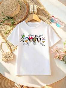 Lady's T-Shirt, Featuring Cartoon Patterns Of Black-Outlined Disney Characters Including Donald Duck, Minnie Mouse, Goofy, Mickey Mouse And Daisy Duck, With The Text "MICKEY & CO Est. 1928". The Fabric Is Soft, Comfortable And Durable. This Is A Summer & Autumn Women's Round-Neck T-Shirt, Perfect For Theme Park Trips And Casual Daily Wear. - trắng - Xem 2