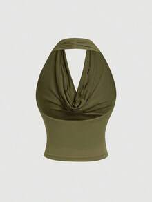 MOD Top ajustado de 3 formas de unicolor (Negro, Lunares negro y blanco, Albaricoque) - Úsela como cuello de capucha, hombros descubiertos o sin tirantes, Top casual de primavera/verano para festivales, vacaciones en la playa, té - Verde militar - Ver 3