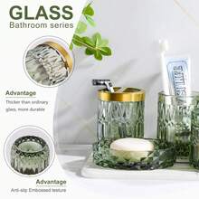 5pcs Transparent Glass Bathroom Accessories Set, Including Soap Dispenser, Soap Dish, Toothbrush Holder, Tumbler, Cotton Swab Box, Suitable For Retro Crystal Bathroom Decor - Multicolor - View 4