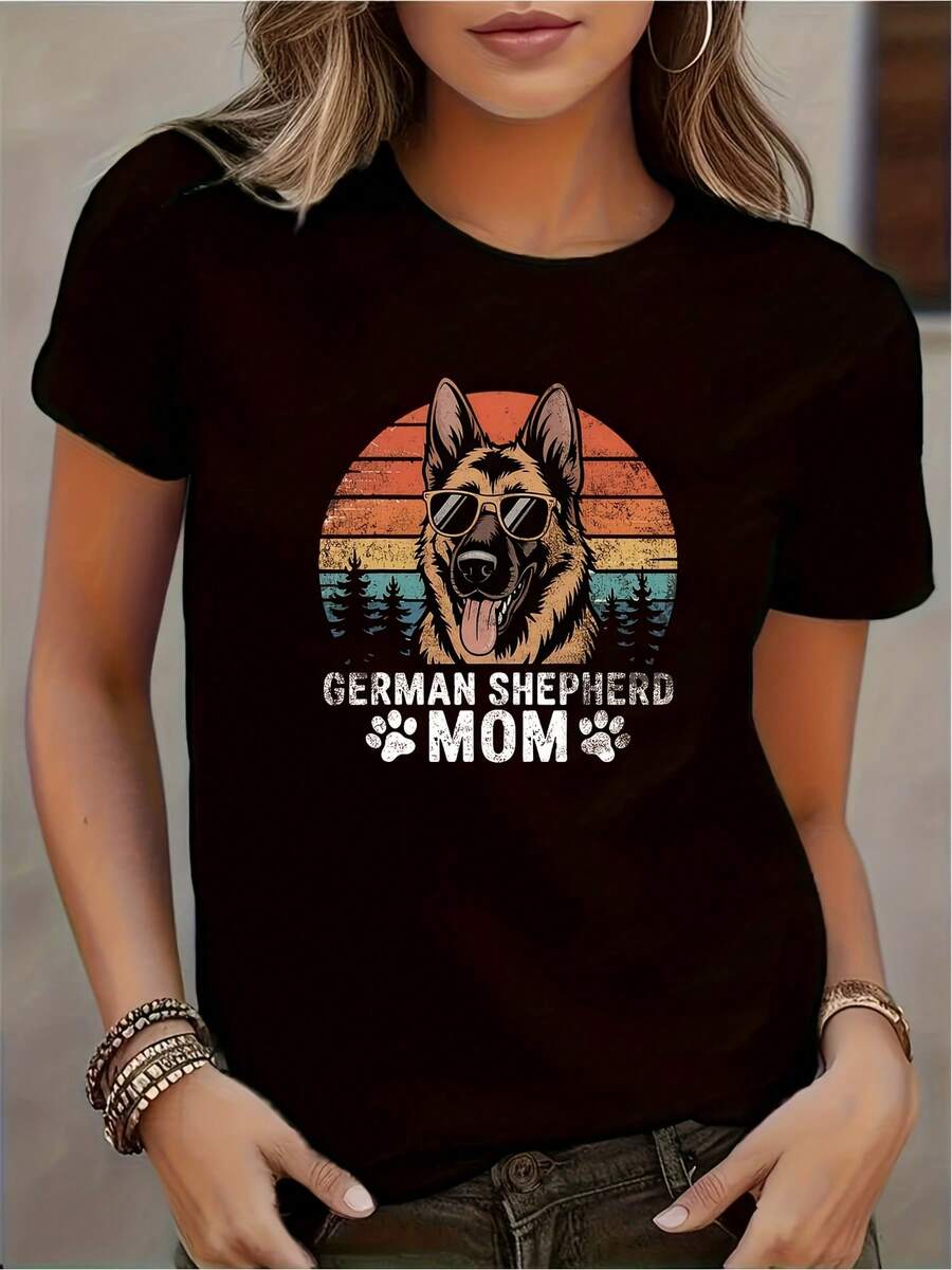 GERMAN SHEPHERD MOM Letter Print Tshirt Crew Neck Casual Top Summer & Spring Women's ClothingParties Beach & S Outdoor Clothing|All-Season Casual Wear - 彩色 - 查看 1