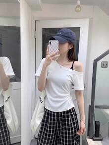 夏季新款日系辣妹風灰色不對稱單肩女款T恤，側面抽褶收腰，休閒白色，Y2K美學 - 白色 - 查看 4