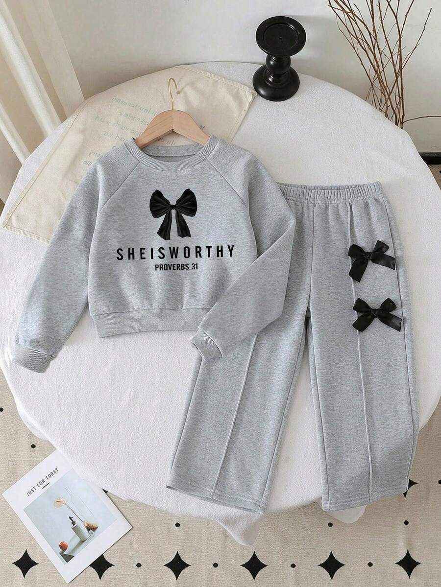 Baby Girl Bow Decor Print Crew Neck Sweatshirt And Bow Accent Pants Set - Grey - View 1