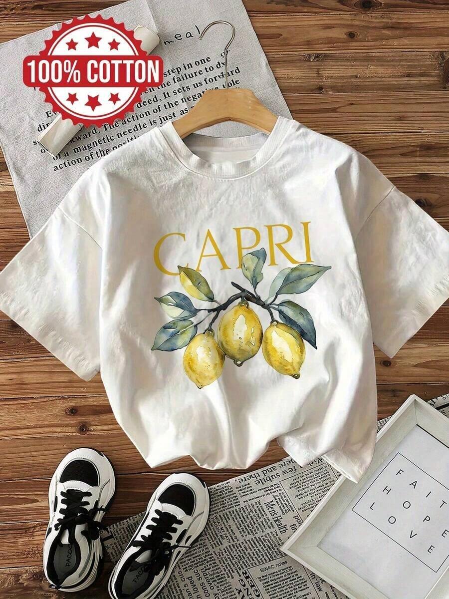 Fashion Fashion Fashion NEW | 1 Women's T-Shirt 100% Breathable Cotton | Short Sleeve Crew Neck T-Shirt With Fresh Lemon Print - Ideal For Summer - Vintage Street Style Unisex Loose Cotton Short Sleeve Crew Neck T-Shirt - 白色 - 查看 1