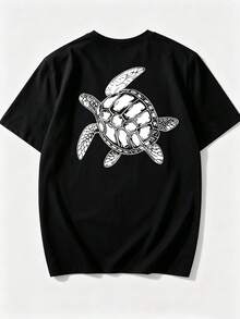 3 piezas Camiseta corta de cuello redondo de manga corta con estampado minimalista de cabeza de buey, adecuada para el verano - Negro - Ver 2