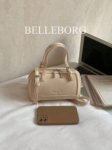 1件荔枝紋理優雅百搭女款波士頓手提包，拉鍊開合，適合日常休閒、購物、上班 - 米色 - 查看 8