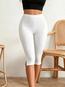 Leggings cortos de unicolor para mujer, pantalones cortos ajustados y cómodos para verano al aire libre, negro blanco, athleisure - Blanco - Ver 4