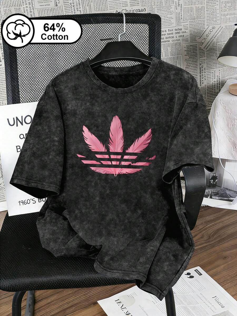 大尺碼女款休閒街頭風粉色羽毛印花復古水洗短袖T恤，Y2K風格夏季上衣，黑色 - 黑色 - 查看 1