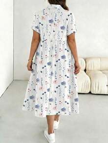 Vestido casual de vacaciones con estampado floral de manga corta para mujer de talla, adecuado para primavera y verano, vestido negro - Multicolor 4 - Ver 5