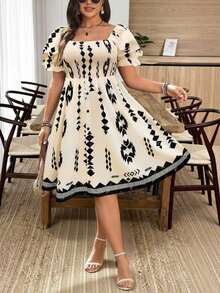 EMERY Vestido con cuello cuadrado, mangas abullonadas, decorado con botones y volantes en el bajo, en colores marrón y rojo con estampado de rosas, para vacaciones, en talla - Multicolor 5 - Ver 5