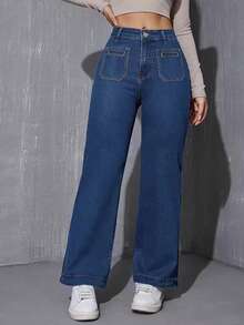 ALO FASHION Pantalones vaqueros de mujer de talle alto y pierna ancha, vaqueros largos lavados con bolsillos delanteros de parche para un look casual de otoño. - azul real - Ver 3