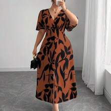 guang zhou mi qian shang mao  Vestido de mujer de elegancia francesa, versátil, con escote en V, cintura ceñida, línea A, decoración con botones, volante en el bajo, manga farol hasta la mitad, adecuado para ir al trabajo, negocios, casual, vacaciones, té de la tarde, festival de música, estilo campestre bohemio - Naranja - Ver 1