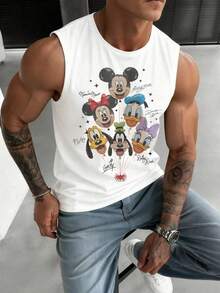 Officially Licensed Disney Men's Summer Sleeveless Top: Featuring A Charming "Mickey & Friends" Balloon Print, This Cute And Casual Top Is Crafted From Ultra-Soft, Breathable Fabric-Perfect For Everyday Outings And Streetwear. - trắng - Xem 2