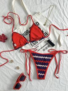 Women's Unique Textured Fabric Bikini Two Pieces Swimwear, Cute Spaghetti Strap Backless Design - Blue - View 3