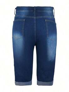 Plus Size Women's Cuffed Distressed Denim Jeans, Suitable For Work And Casual Occasions Summer - 藍色 - 查看 5