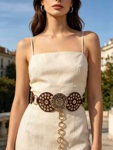 APLCSEY 1pc Women's Western Cowboy Wide Disc Waist Chain, Vintage Bohemian Blue Style, Hollow Patchwork Metal Waist Chain With Buckle, Suitable For Jeans, Dresses And Skirts, Women's Beach Fashion Accessory, Exquisite Women's Gold Jewelry, Women's Gift - Brown - View 6