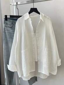 Women's Casual Loose-Fitting Solid-Color Long-Sleeved Shirt, Spring/Summer - 白色的 - 查看 1