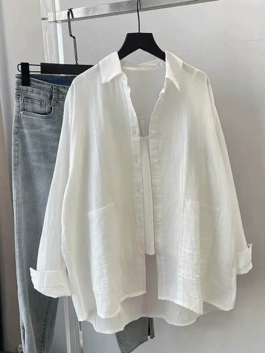 Women's Casual Loose-Fitting Solid-Color Long-Sleeved Shirt, Spring/Summer - 白色的 - 查看 1