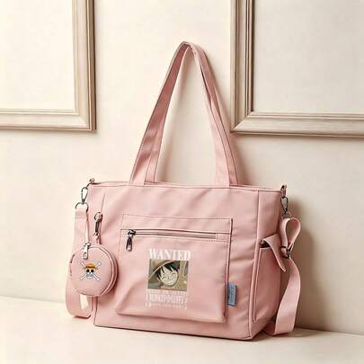 Miniso Bộ 2 túi tote đa năng cỡ lớn màu hồng in hình Monkey D. Luffy trong One Piece, có ngăn đựng tiền xu rời, có thể mang theo nhiều kiểu, lý tưởng cho công việc, du lịch, mua sắm và sử dụng hàng ngày.