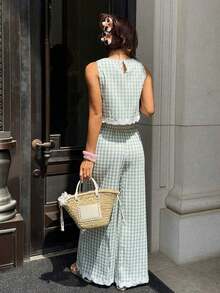 Conjunto de 2 piezas de chaleco y pantalones a cuadros casuales de vacaciones para mujer - Albaricoque - Ver 2
