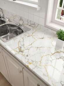 1 Roll Kitchen Waterproof Oil-Proof Wall Sticker, Thick Heatproof Marble Texture Wallpaper In Gold, Gray & White, Suitable For Vent Hood Renovation, Customizable DIY Wall Paper For Kitchen Cabinets & Countertops - Multicolor - View 9
