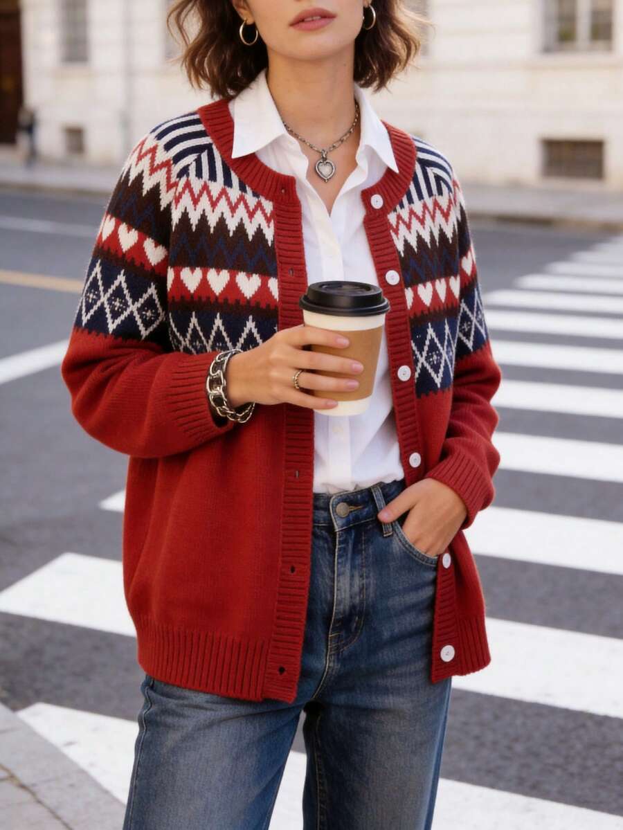 Plus Size Geometric Pattern Casual Knit Cardigan, Suitable For Holidays, Daily Wear, And Evening Dates - Red - View 1